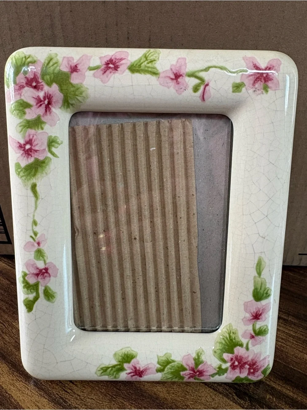 Hand-Painted Pink Floral Ceramic Picture Frame - White and Green Accents